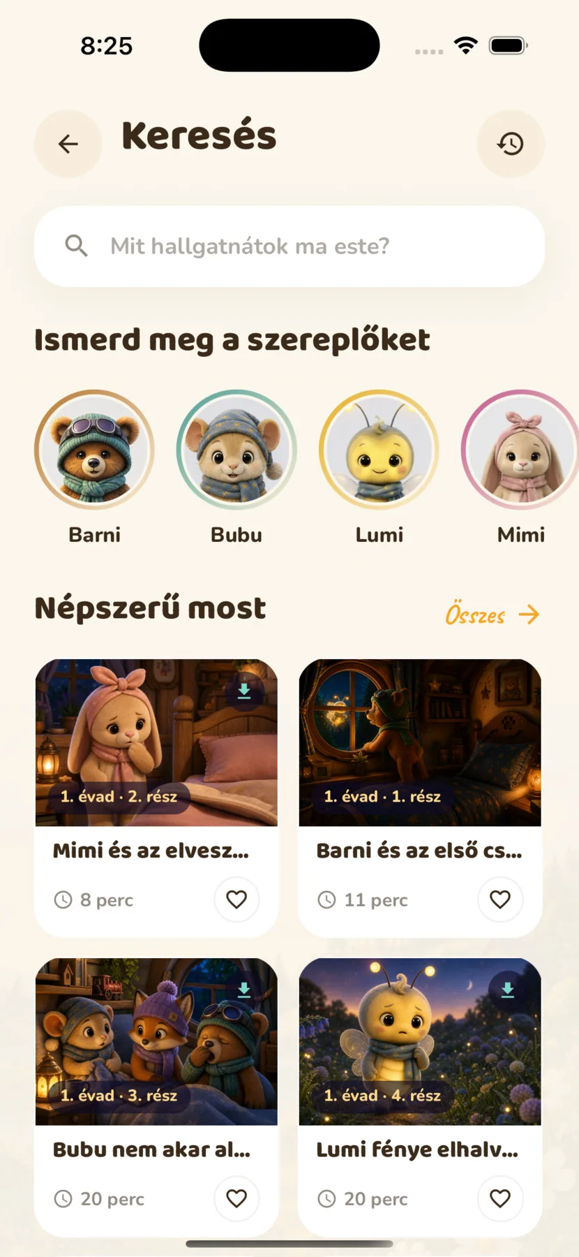 Keresés képernyő a szereplőkkel