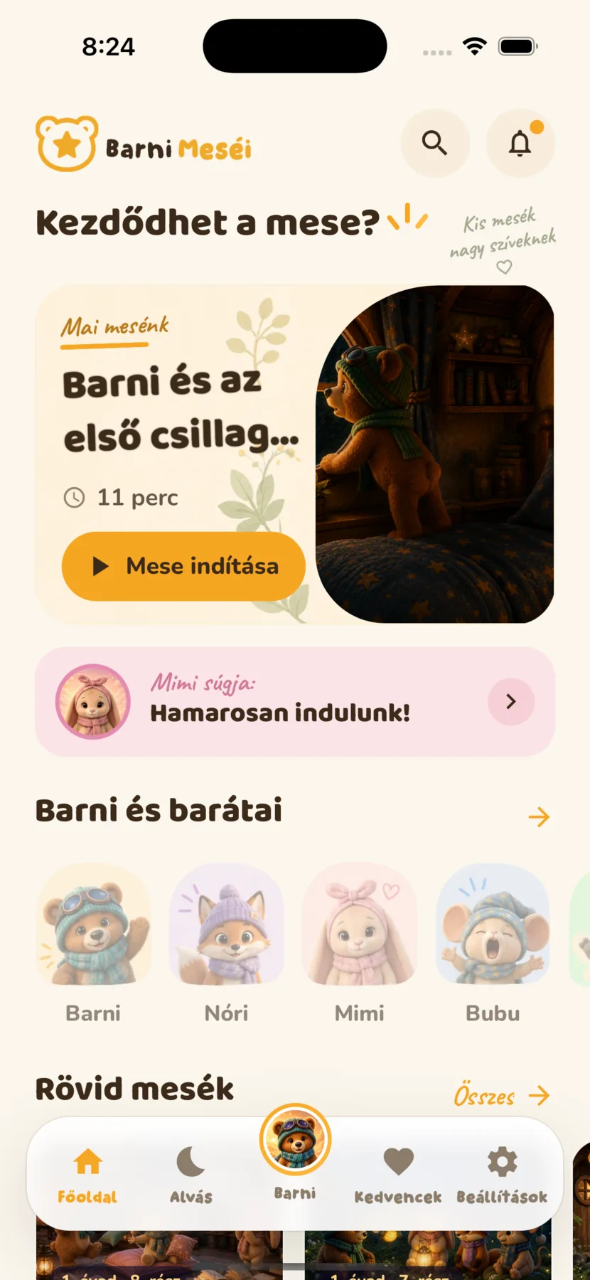 Főoldal képernyő a napi mesével